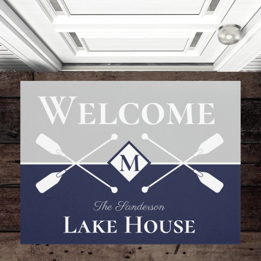 Nautical Modern Navy Blue Gray Monogram Lake House Deurmat