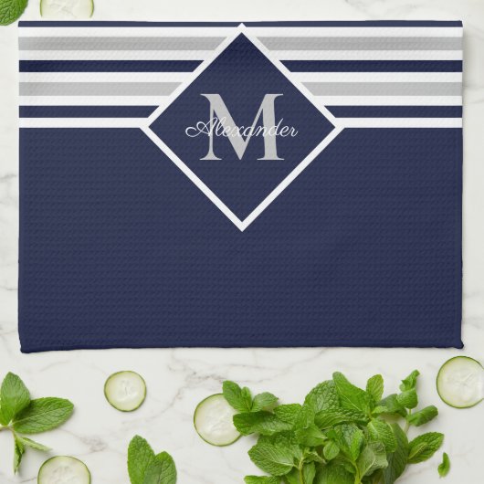 Nautical Modern Navy Blue Gray Monogram Theedoek (Gevouwen)