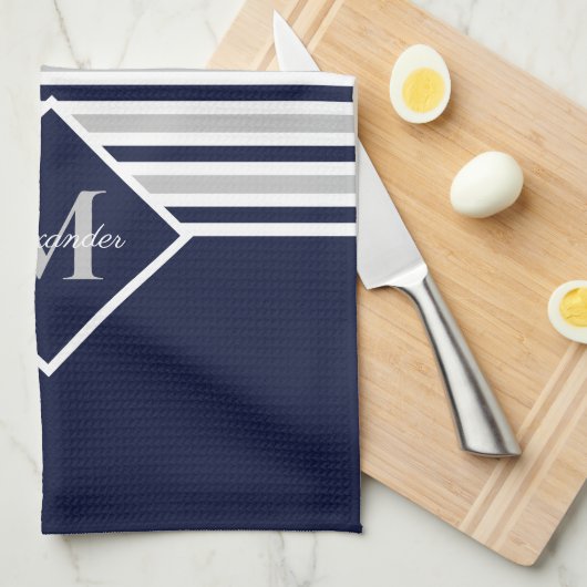 Nautical Modern Navy Blue Gray Monogram Theedoek (Quarter Fold)