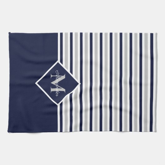 Nautical Modern Navy Blue Gray Monogram Theedoek (Horizontaal)