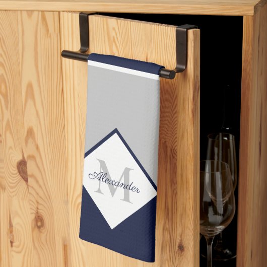Nautical Modern Navy Blue Gray Monogram Theedoek (Derde Gevouwen)