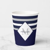 Nautical Modern Navy Blue Grey Stripes Monogram P Papieren Bekers (Achterkant)