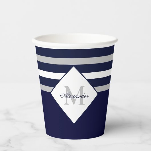 Nautical Modern Navy Blue Grey Stripes Monogram P Papieren Bekers (Voorkant)