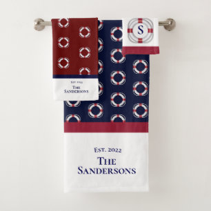 Nautical Modern Navy Blue Monogram Life Preserver Bad Handdoek