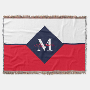 Nautical Modern Navy Blue Red Monogram Doormat Deken