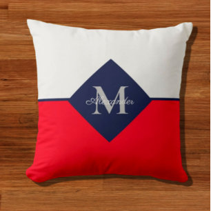 Nautical Modern Navy Blue Red Monogram Throw Pillo Buitenkussen