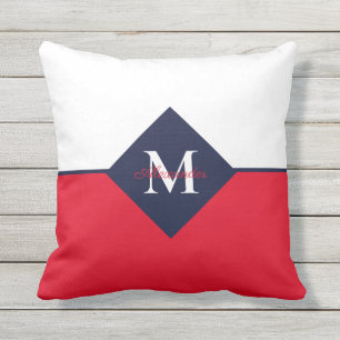 Nautical Modern Navy Blue Red Monogram Throw Pillo Buitenkussen