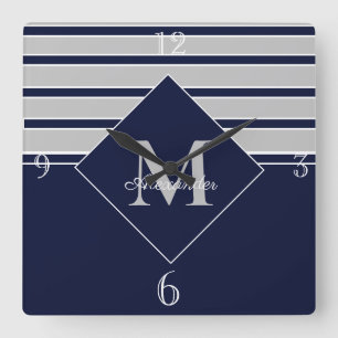 Nautical Modern Navy Gray monogram Monogrammed Red Vierkante Klok