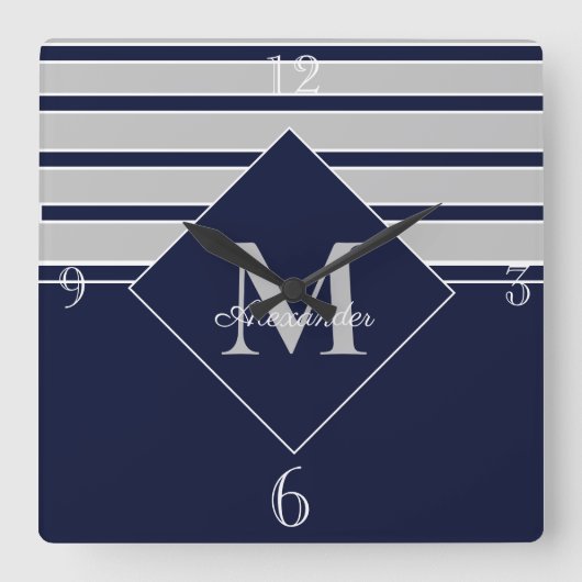 Nautical Modern Navy Gray monogram Monogrammed Red Vierkante Klok (Voorkant)