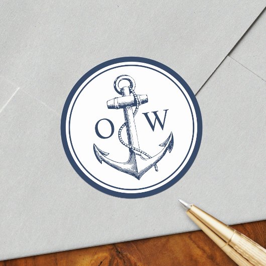 Nautical Monogram Anchor Navy White Ronde Sticker