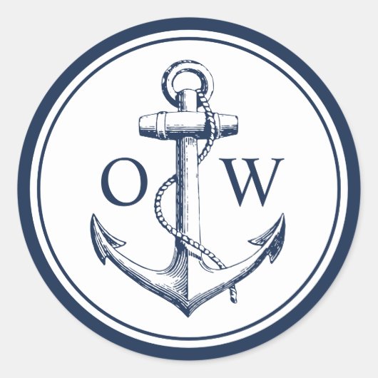 Nautical Monogram Anchor Navy White Ronde Sticker (Voorkant)