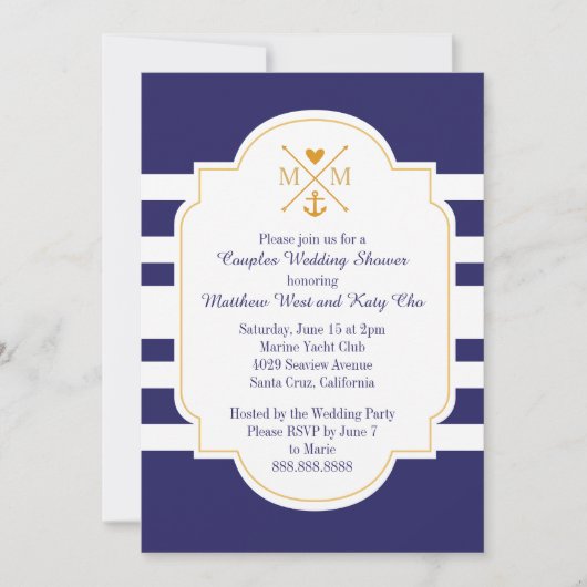 Nautical Monogram Couples Wedding Vrijgezellenfees Kaart (Voorkant)