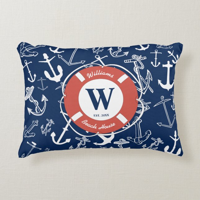 Nautical Monogram Navy Blue Anchor Beach House Accent Kussen (Voorkant)