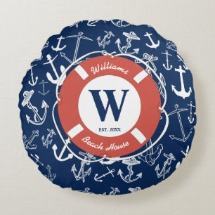 Nautical Monogram Navy Blue Anchor Beach House Rond Kussen