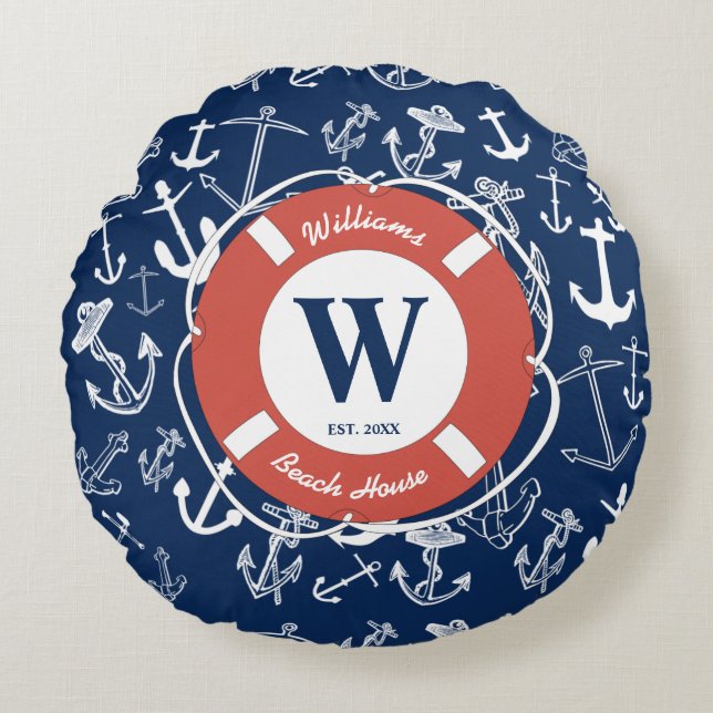 Nautical Monogram Navy Blue Anchor Beach House Rond Kussen (Voorkant)
