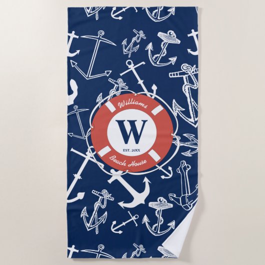 Nautical Monogram Navy Blue Anchor Beach House Strandlaken (Voorkant)