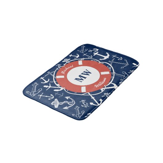 Nautical Monogram Navy Blue Anchor Pattern Badmat (Gekanteld)
