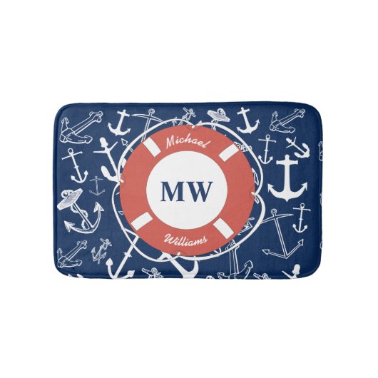 Nautical Monogram Navy Blue Anchor Pattern Badmat (Voorkant)