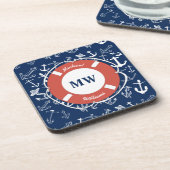Nautical Monogram Navy Blue Anchor Pattern Bier Onderzetter (Linkerzijde)