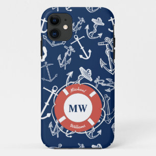 Nautical Monogram Navy Blue Anchor Pattern iPhone 11 Hoesje