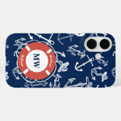 Nautical Monogram Navy Blue Anchor Pattern Case-Mate iPhone Case (Achterkant (horizontaal))