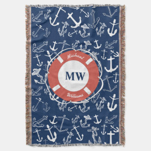 Nautical Monogram Navy Blue Anchor Pattern Deken