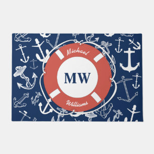 Nautical Monogram Navy Blue Anchor Pattern Deurmat