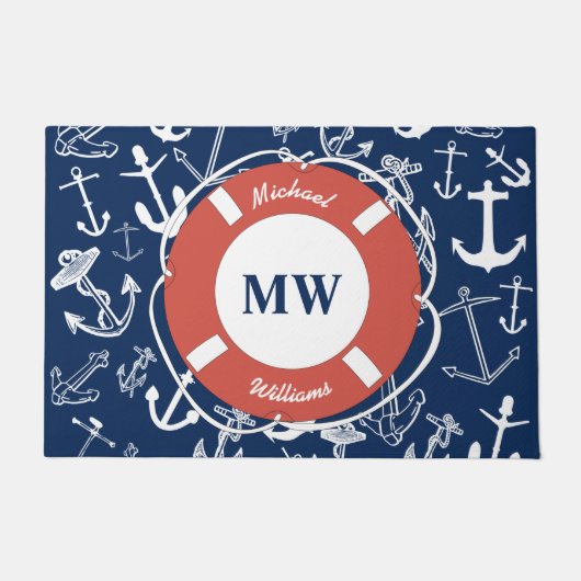 Nautical Monogram Navy Blue Anchor Pattern Deurmat (Voorkant)