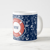 Nautical Monogram Navy Blue Anchor Pattern Extra Grote Beker (Voorkant rechts)