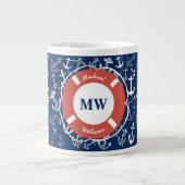 Nautical Monogram Navy Blue Anchor Pattern Extra Grote Beker (Voorkant)