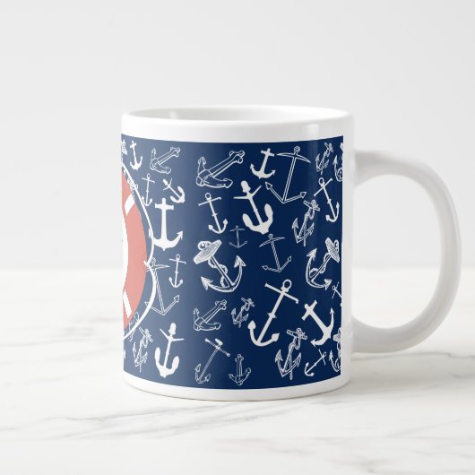 Nautical Monogram Navy Blue Anchor Pattern Extra Grote Beker (Rechts)
