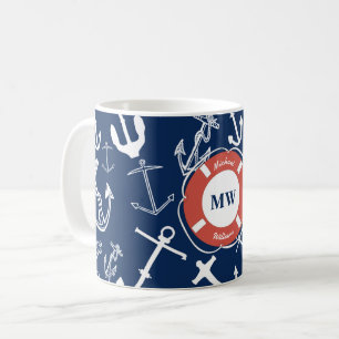 Nautical Monogram Navy Blue Anchor Pattern Koffiemok