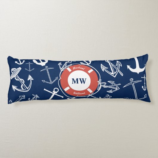 Nautical Monogram Navy Blue Anchor Pattern Lichaamskussen (Achterkant)