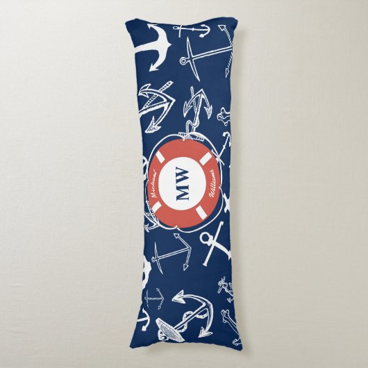 Nautical Monogram Navy Blue Anchor Pattern Lichaamskussen (Voorkant Verticaal)