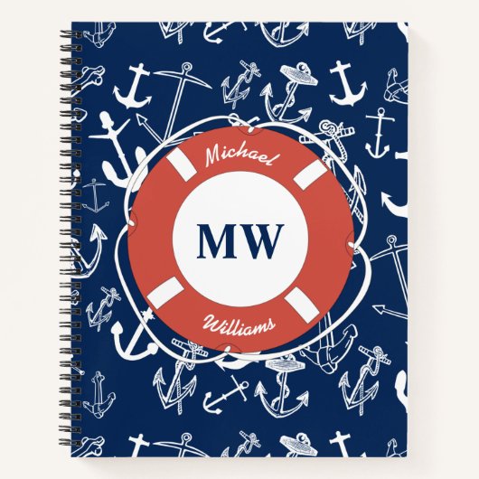 Nautical Monogram Navy Blue Anchor Pattern Notitieboek (Voorkant)