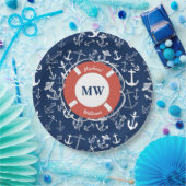 Nautical Monogram Navy Blue Anchor Pattern Papieren Bordje (Feest)