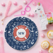 Nautical Monogram Navy Blue Anchor Pattern Papieren Bordje (Feest)