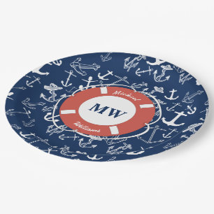 Nautical Monogram Navy Blue Anchor Pattern Papieren Bordje