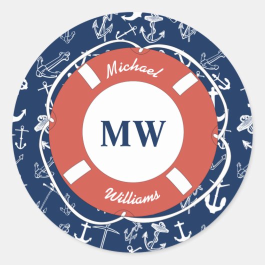 Nautical Monogram Navy Blue Anchor Pattern Ronde Sticker (Voorkant)