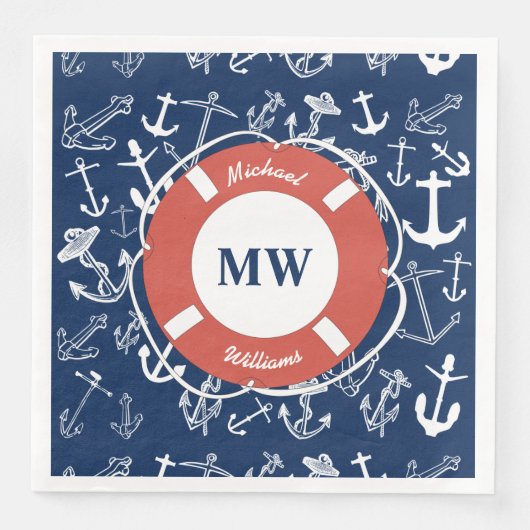 Nautical Monogram Navy Blue Anchor Pattern Servet (Voorkant)