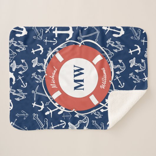 Nautical Monogram Navy Blue Anchor Pattern Sherpa Deken (Voorkant (horizontaal))