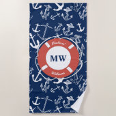 Nautical Monogram Navy Blue Anchor Pattern Strandlaken (Voorkant)