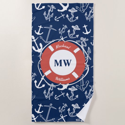 Nautical Monogram Navy Blue Anchor Pattern Strandlaken (Voorkant)
