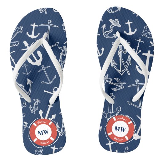 Nautical Monogram Navy Blue Anchor Pattern Teenslippers (Voetbed)