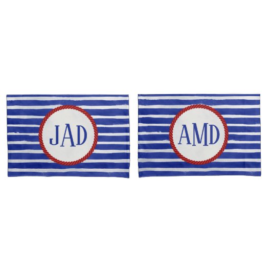 Nautical Monogram Navy Blue Striped Waterverf Kussensloop (Voorkant-Set)