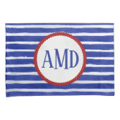 Nautical Monogram Navy Blue Striped Waterverf Kussensloop (Voorkant-Rechts)