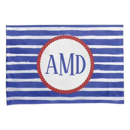 Nautical Monogram Navy Blue Striped Waterverf Kussensloop (Voorkant-Rechts)