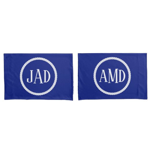 Nautical Monogram Navy Blue White Rope Circle Kussensloop (Voorkant-Set)