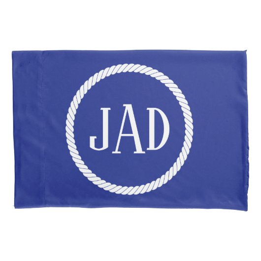 Nautical Monogram Navy Blue White Rope Circle Kussensloop (Voorkant-Links)