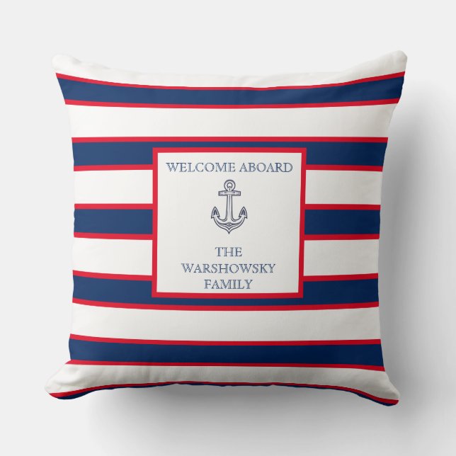 Nautical Monogram Stripes Blue Navy White Red Kussen (Voorkant)